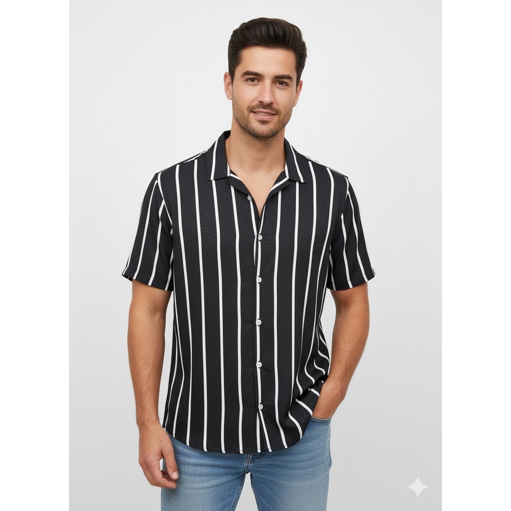 Parijan Men's L (?)  Black And White Button Down Short‎ Sleeve Shirt Top NEW